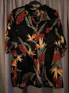 Puritan Black Short-Sleeve Tropical Button-Down Shirt with Red & Yellow Floral